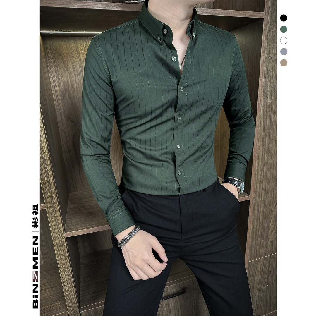 彬祖扣领条纹衬衫男款轻奢男装高级感寸衫男士衬衣长袖雅丹风内搭