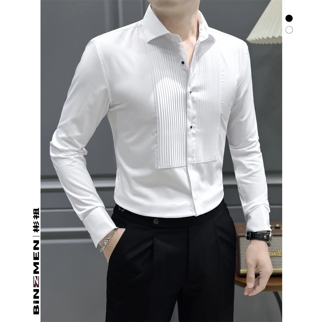 雅痞绅士正装衬衫男款痞帅雅痞风塔士多拼接礼服婚礼内搭长袖衬衣