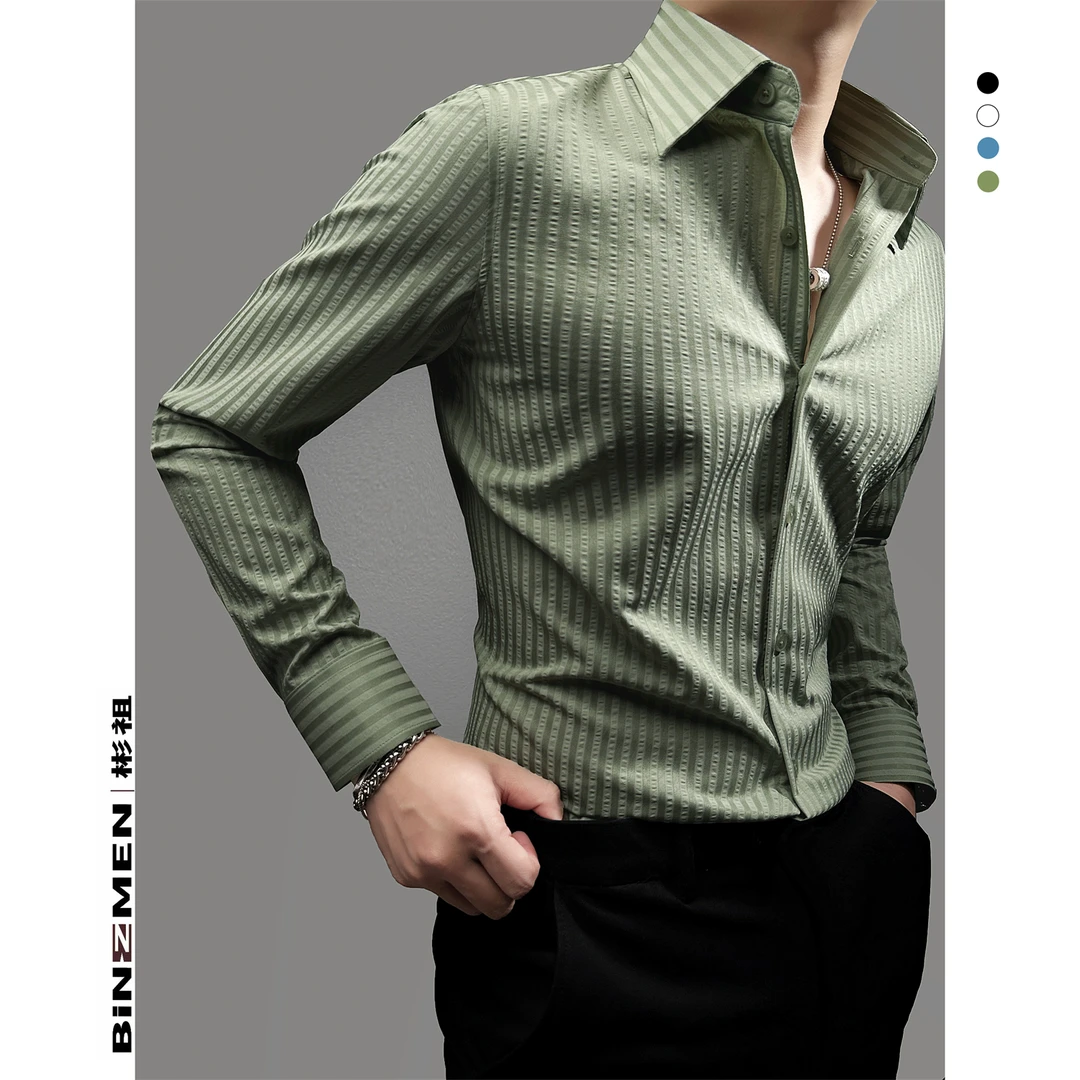 潮款森系泡泡纱绿色男士衬衫长袖修身百搭2025新款轻熟商务衬衣男
