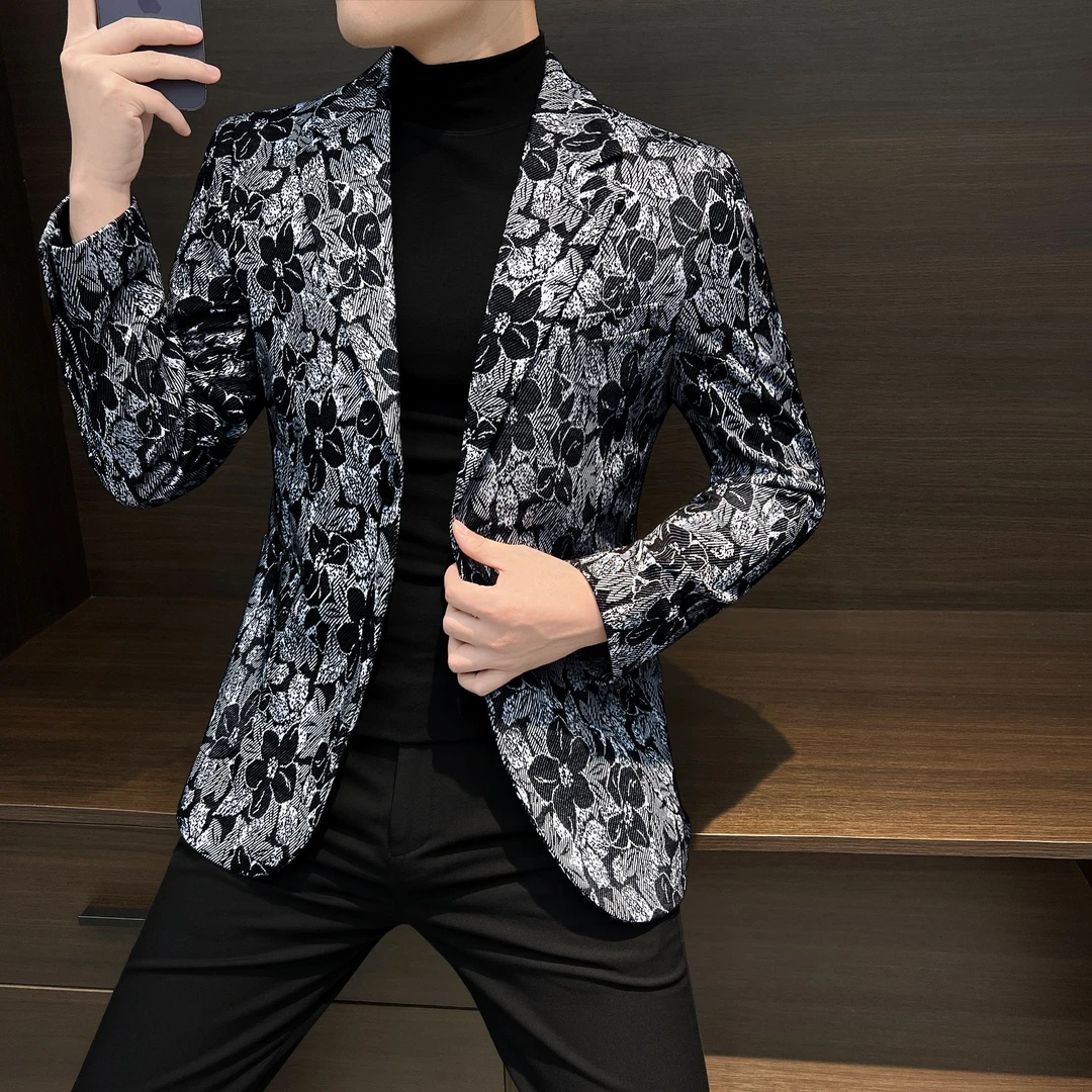 雅痞风碎花休闲西服外套男商务春秋个性结婚西装男款爆款2024新款