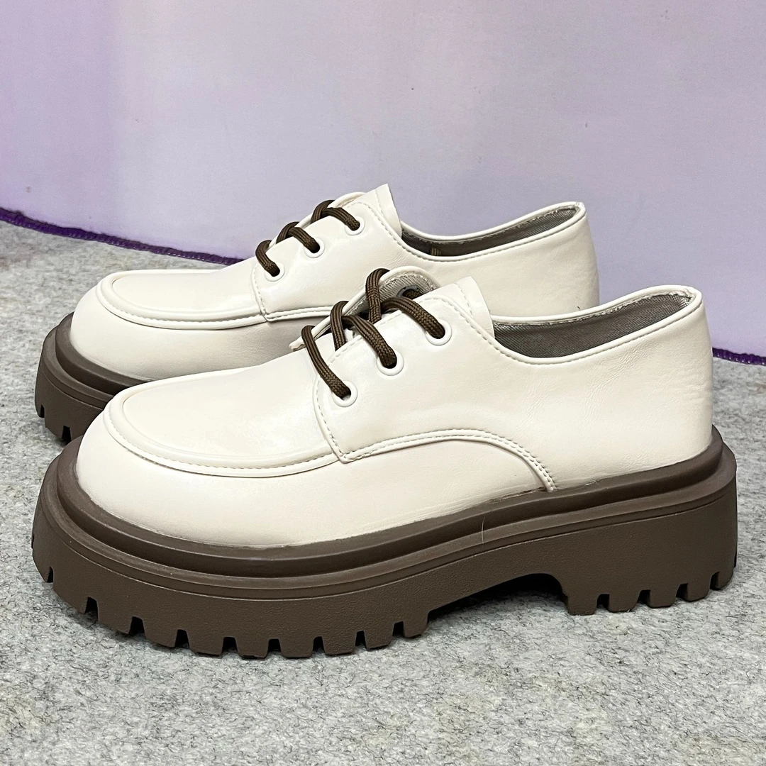 女款鞋子休闲时尚鞋春秋白色百搭真皮厚底英伦风圆头复古春季粗跟