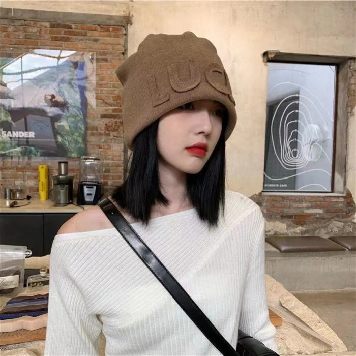 秋冬季女士堆堆帽LUCK字母冷帽日系百搭套头帽显脸小包头贴布帽子