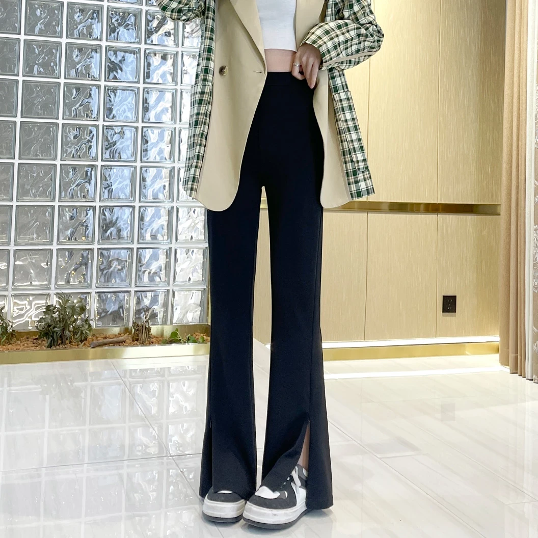 黑色开叉喇叭裤女夏季2025年新款女士高腰紧身显瘦拖地马蹄微喇裤