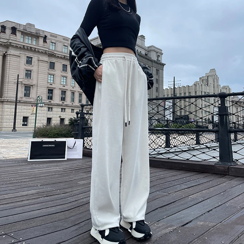 荔枝纹欧棉拖地裤女垂感直筒宽松慵懒感运动休闲运动裤2025新款