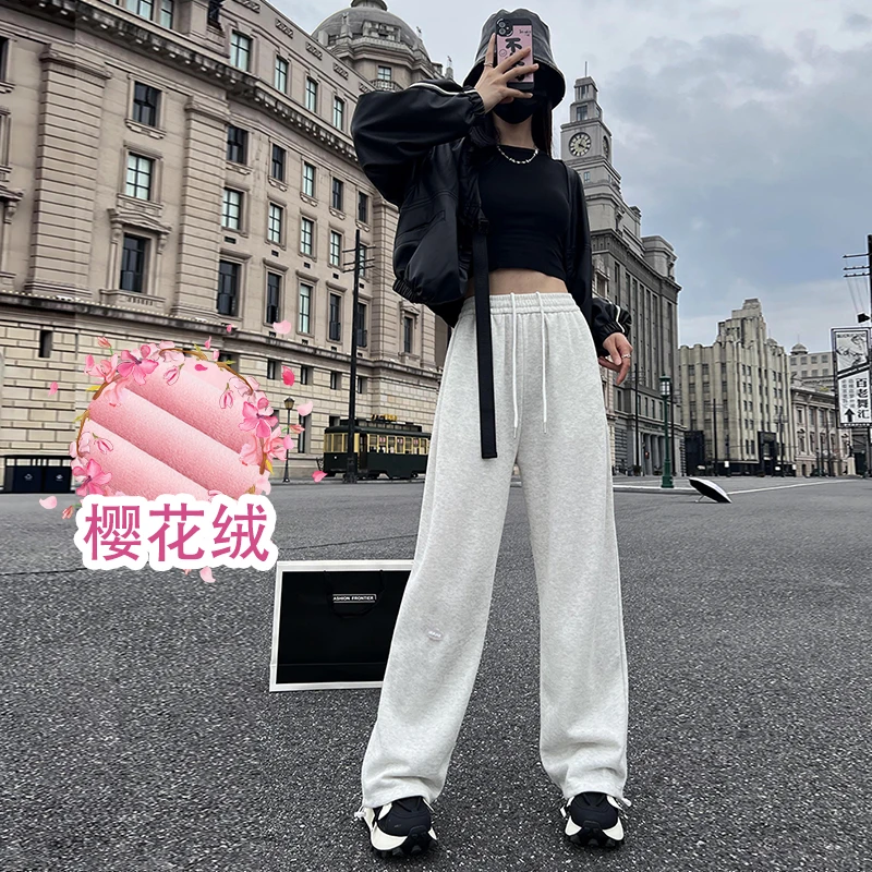 白灰色运动裤女春秋厚款冬季宽松大码直筒灰色休闲阔腿