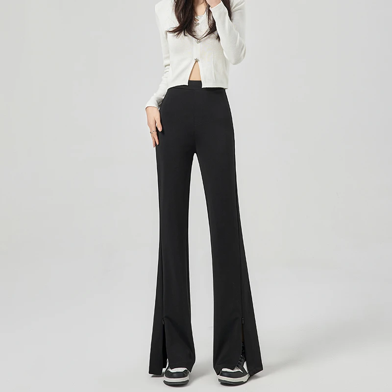 黑色开叉高弹力喇叭裤2024春季新款高腰垂感修身显瘦微喇鲨鱼裤女