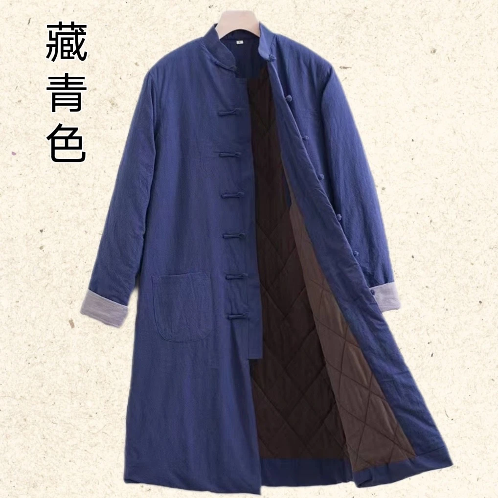唐装男士长款棉袄冬季加厚保暖棉服棉麻盘扣复古中国风过膝棉上衣