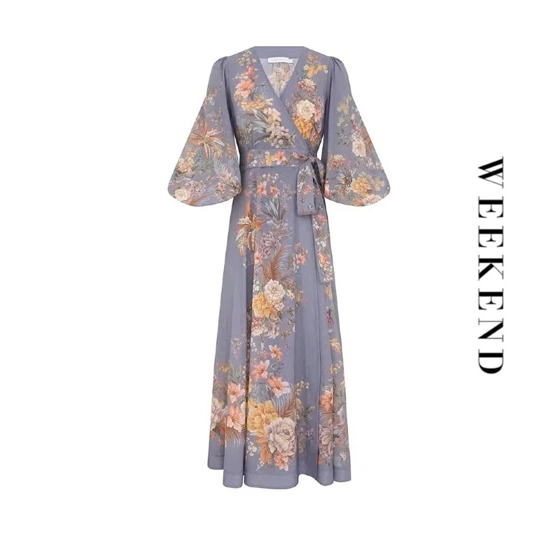 ZMM气质法式V领多色花卉图案裹身式连衣裙温柔植物花卉设计B1238