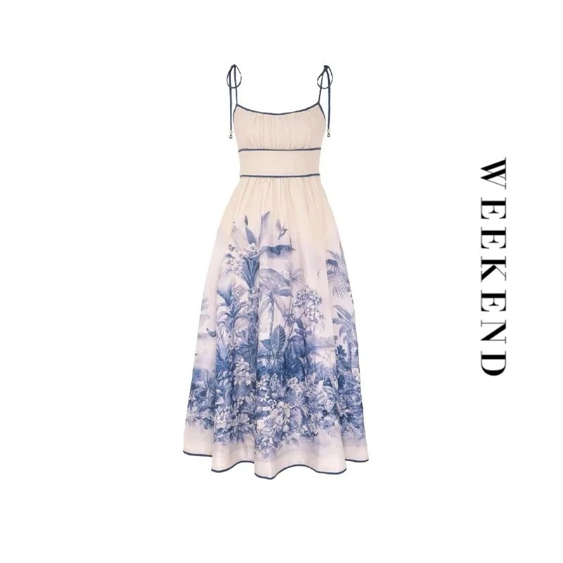 ZMM 时尚印花度假风新款亚麻棕榈树图案野餐风格吊带连衣裙B1248