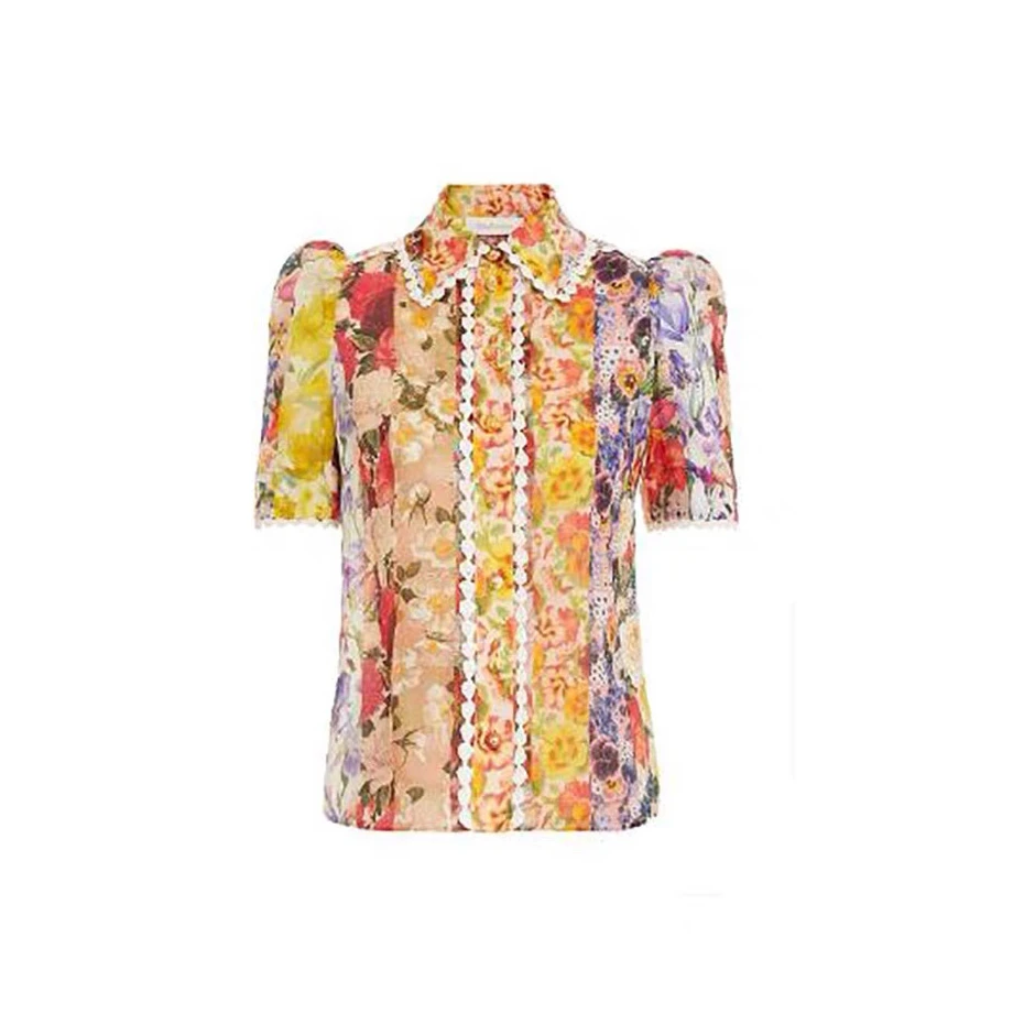 ZMM衬衫式印花短袖亚麻宫廷气质休闲女士风时尚A349