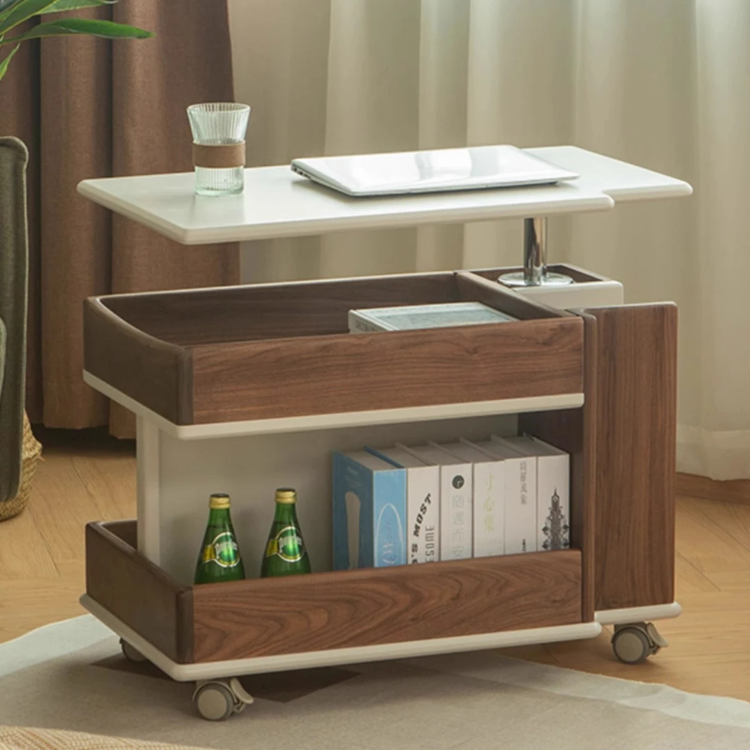 实木客厅随行可移动胡桃木色升降沙发边几原木多功能小推车创意