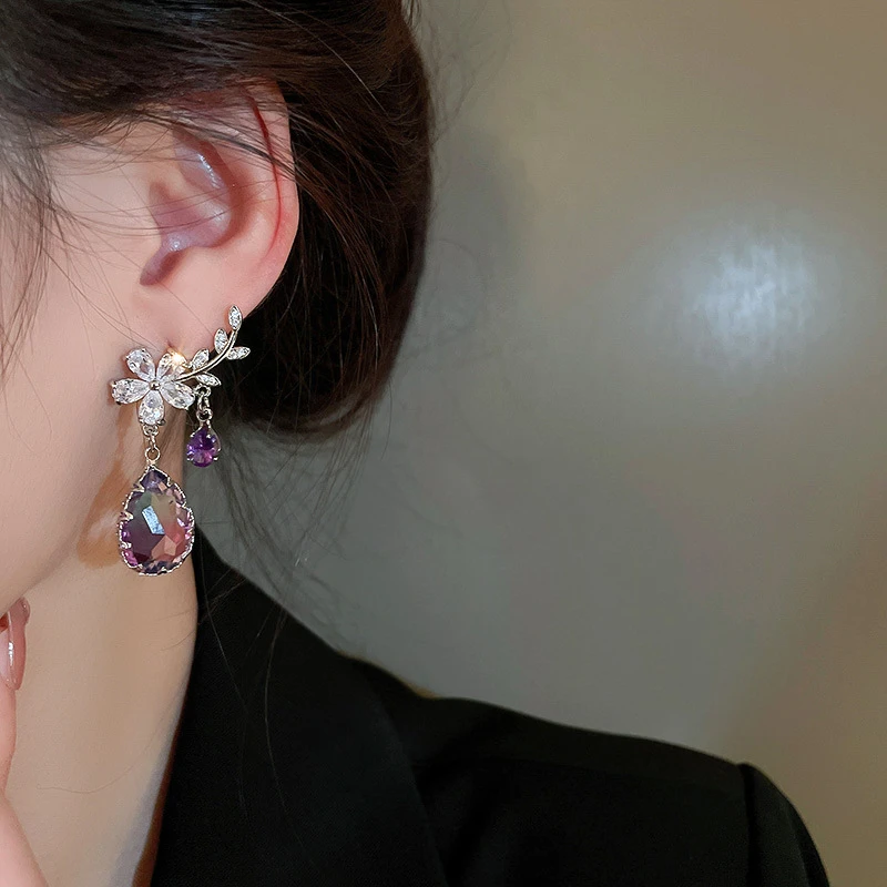 铜合金合成锆石耳饰 [西域樱桃]JuYo树枝花朵渐变紫色气质耳钉