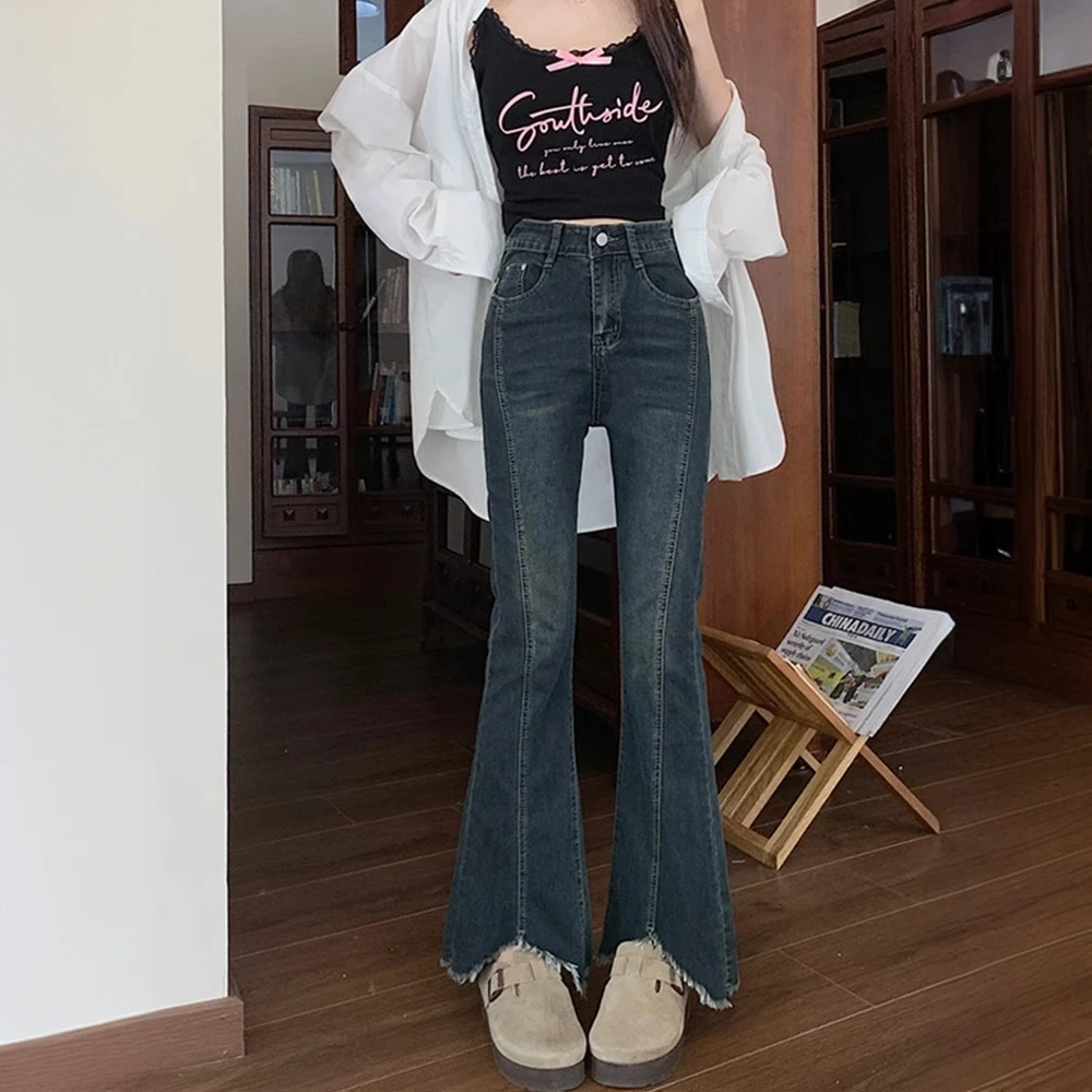 2024秋季窄版微喇牛仔裤女秋季新款毛边设计感胖妹妹mm显瘦裤子