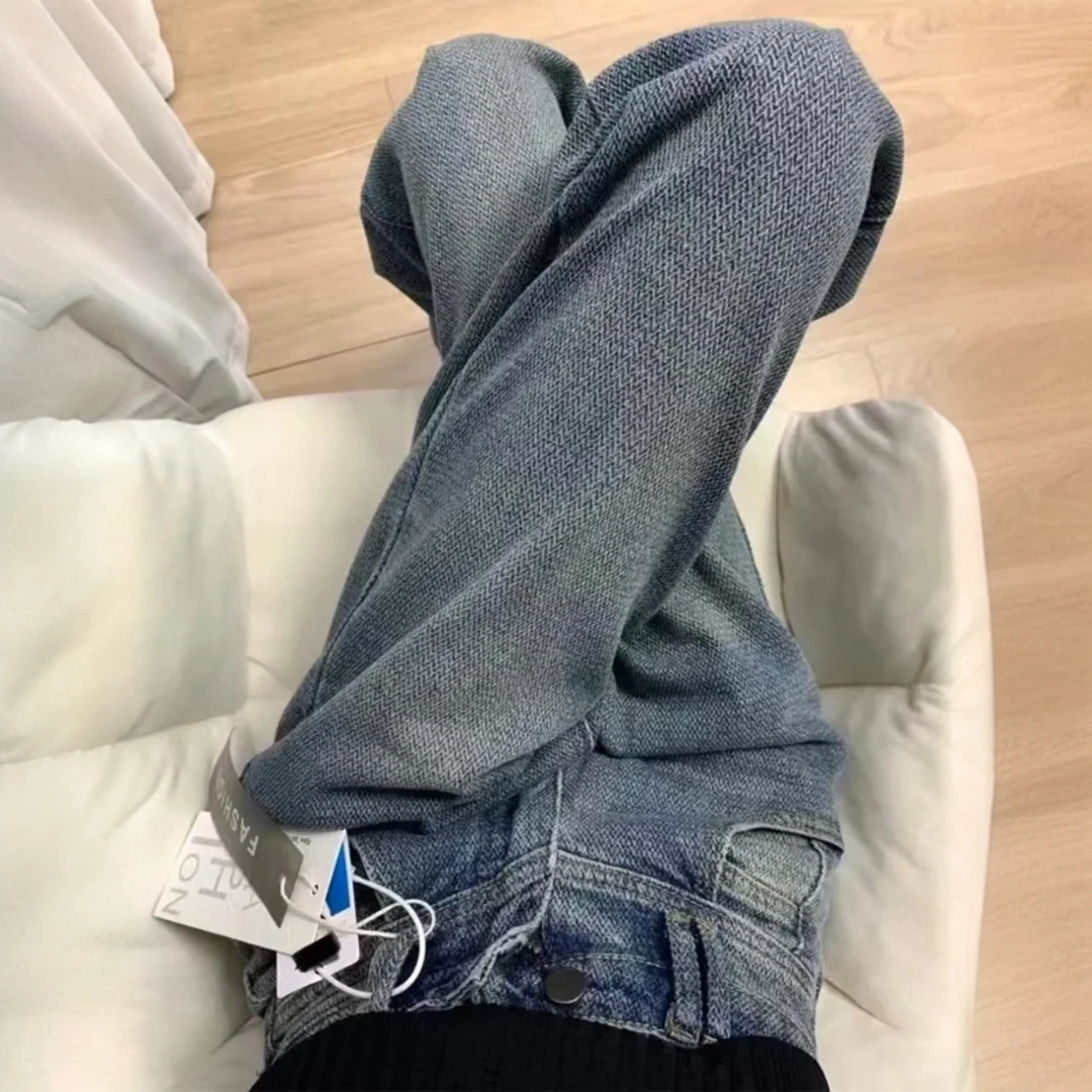 2024-高腰直筒麦穗牛仔裤女大码胖mm新款遮胯显瘦宽松阔腿时尚