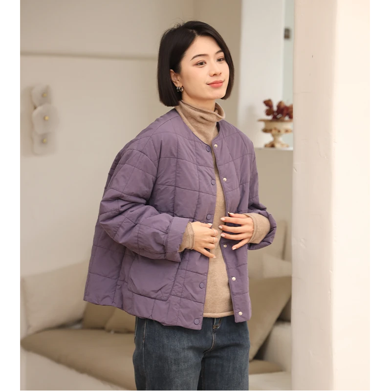 无色无味新款高品质简约文艺风圆领宽松棉服冬季纯色棉衣外套