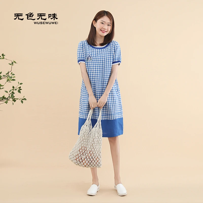 无色无味自然文艺夏季新款亚麻宽松复古格子套头款长款气质连衣裙