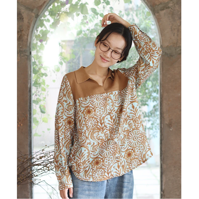 无色无味【栾树果】25秋季全棉提花田园休闲梭织编织拼接翻领衬衫