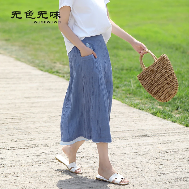 无色无味2024新款原创设计气质苎麻手针刺绣半身裙