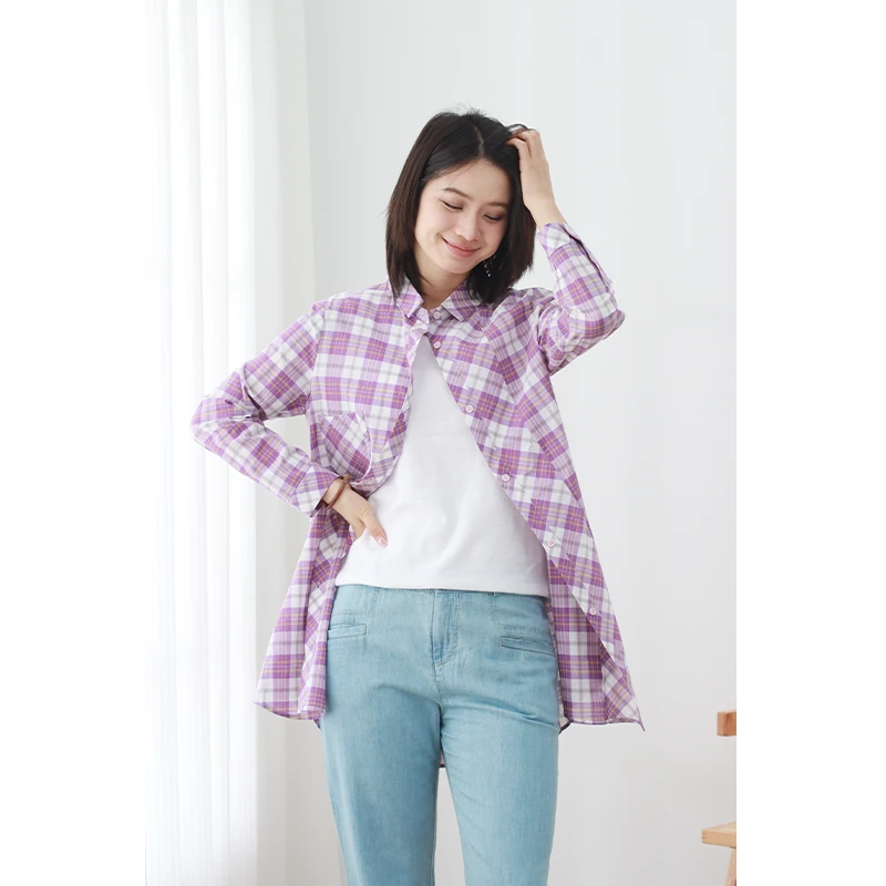 无色无味2024年秋季新款复古显白格子中长款简约宽松衬衣长袖衬衫