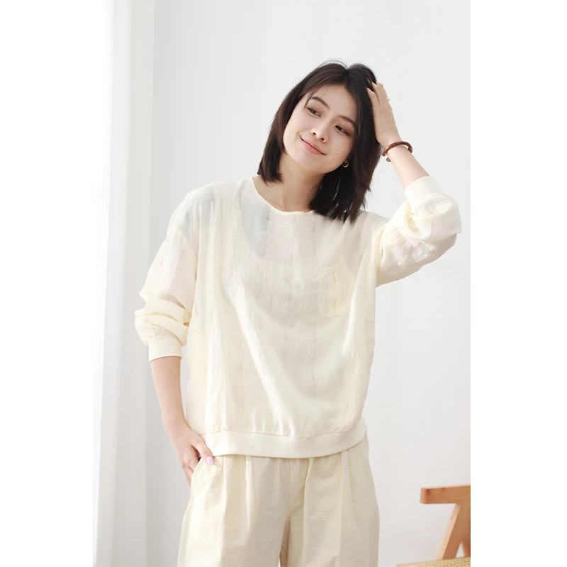 无色无味春季新款套头格子百搭莱赛尔透气圆领针织卫衣长袖T恤女