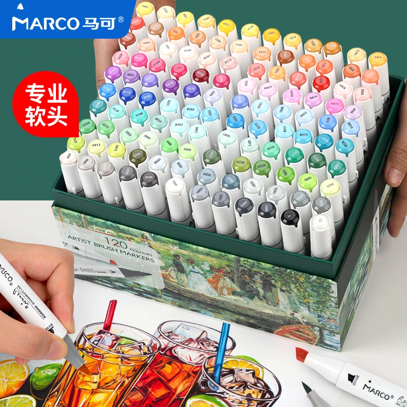 马可水彩笔美术生专用可水洗不透纸美术儿童专业双头丙烯马克笔