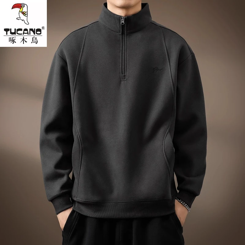 高端软糯重磅美式半拉链立领卫衣男秋冬季加绒宽松大码复古Polo衫