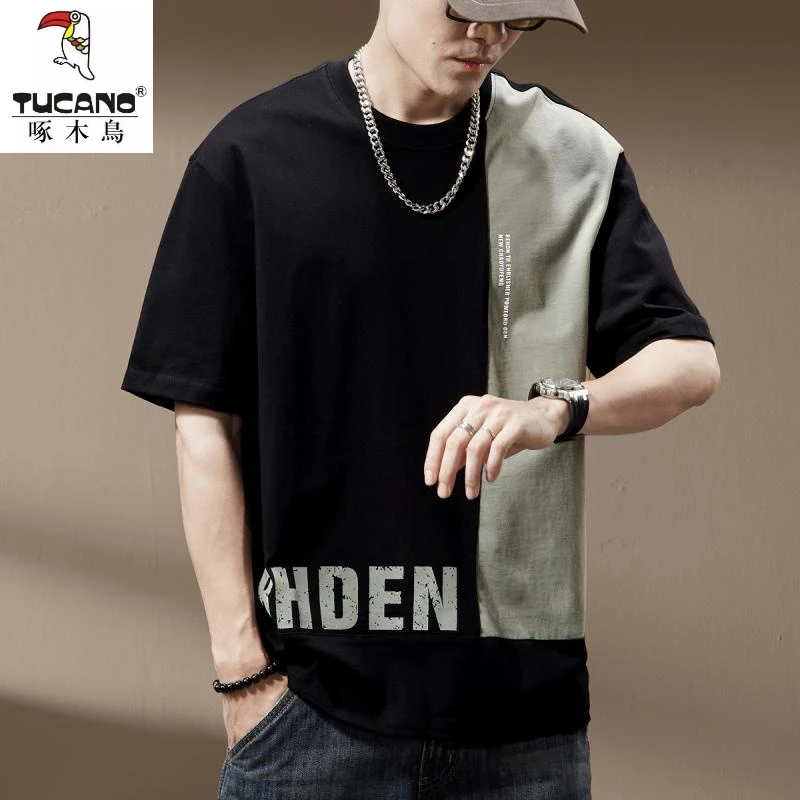 高端美式街头撞色拼接短袖T恤男士夏季宽松纯棉印花半袖潮牌体恤