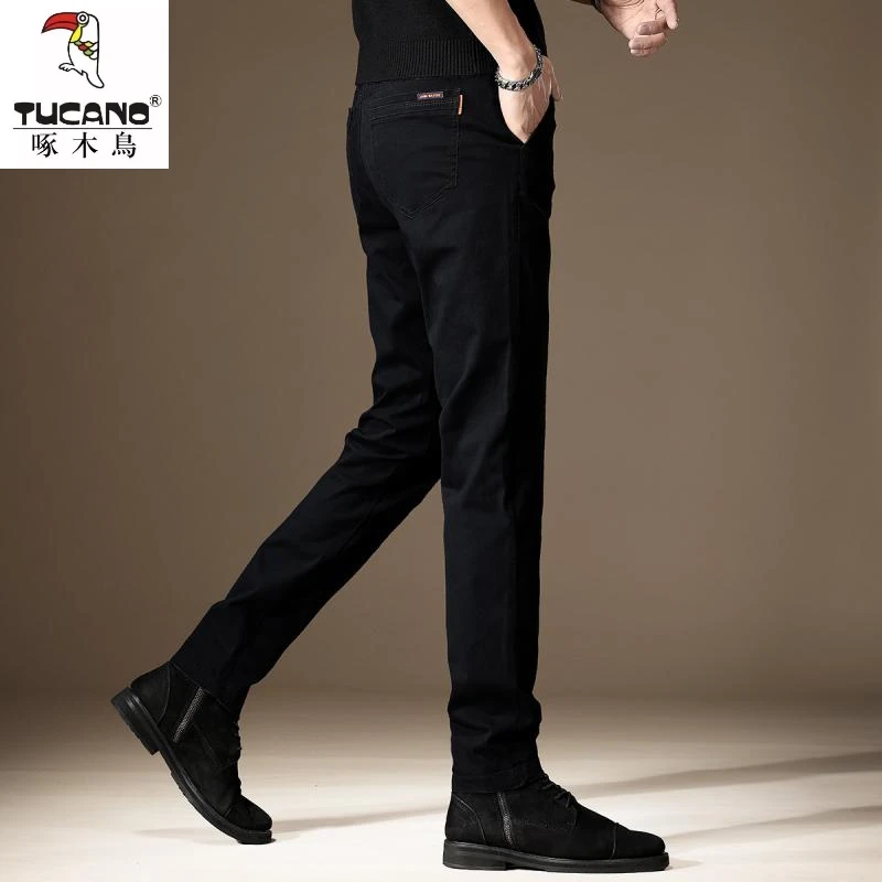啄木鸟高端纯棉男士休闲裤秋冬季加绒弹力小脚西裤修身直筒长裤子