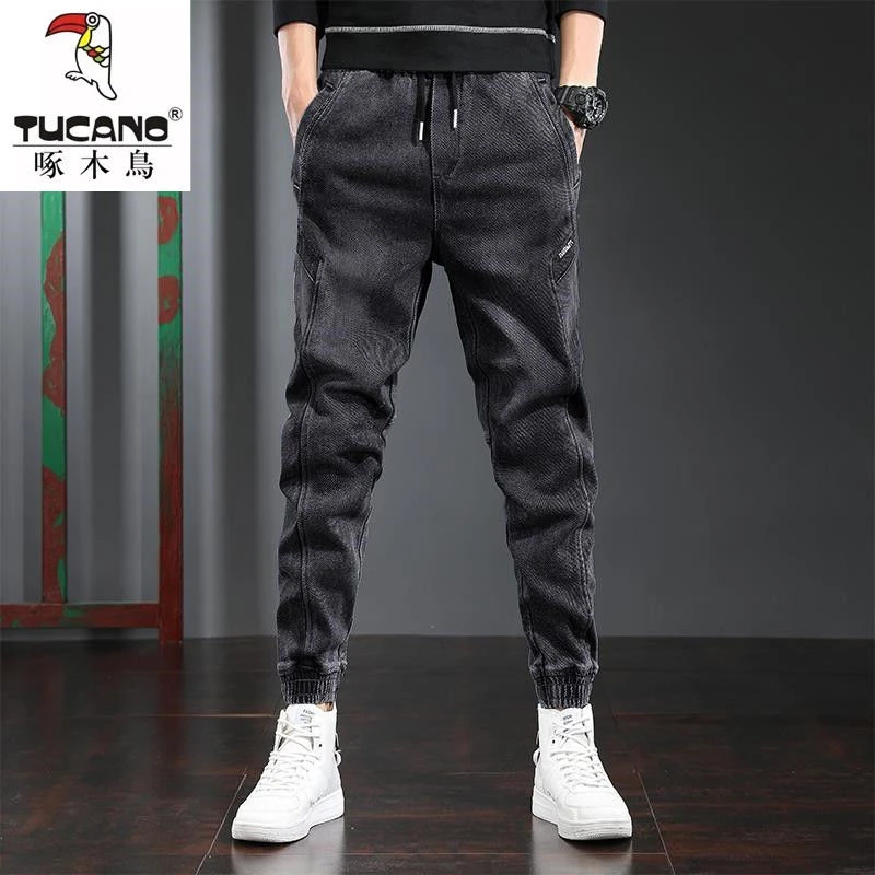 啄木鸟2025年秋冬季加绒牛仔裤男宽松高档美式潮流哈伦裤子男束脚