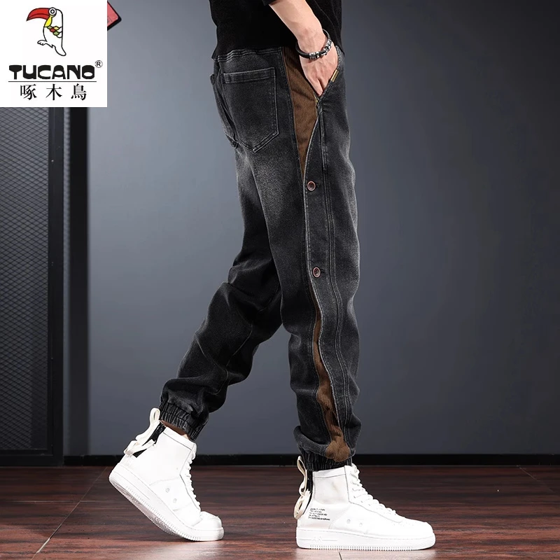 潮牌牛仔裤男秋冬季宽松裤子男2025年新款束脚哈伦裤高级感工装裤