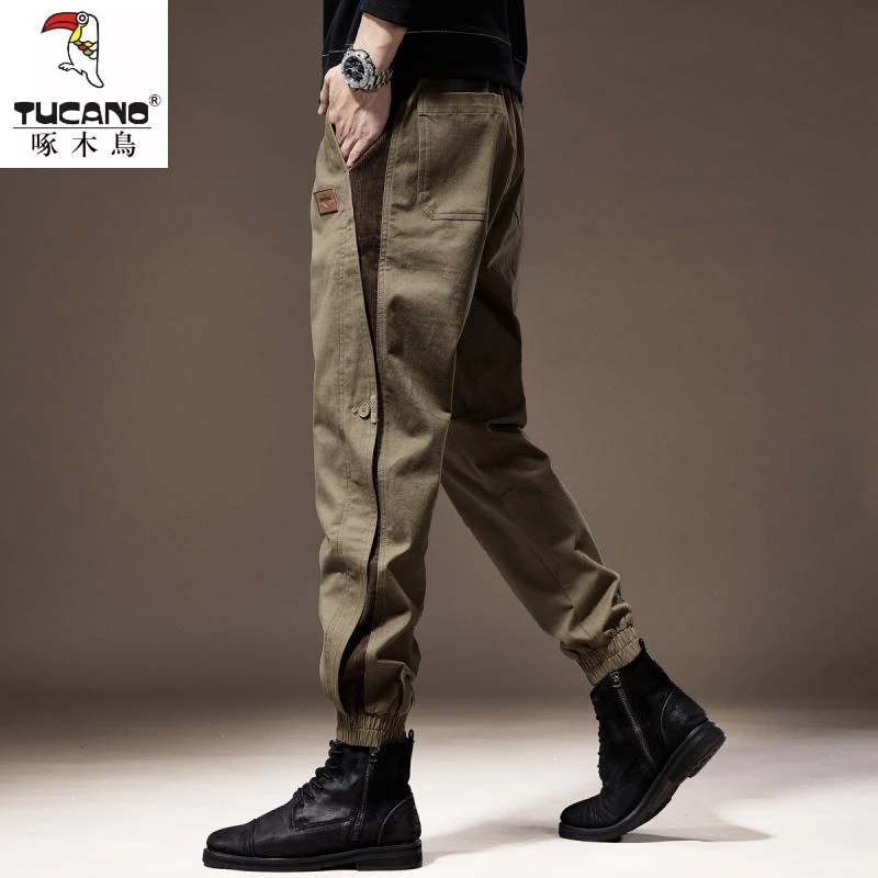 啄木鸟高端拼接工装裤子男2025秋季新款束脚裤宽松痞帅休闲裤男潮