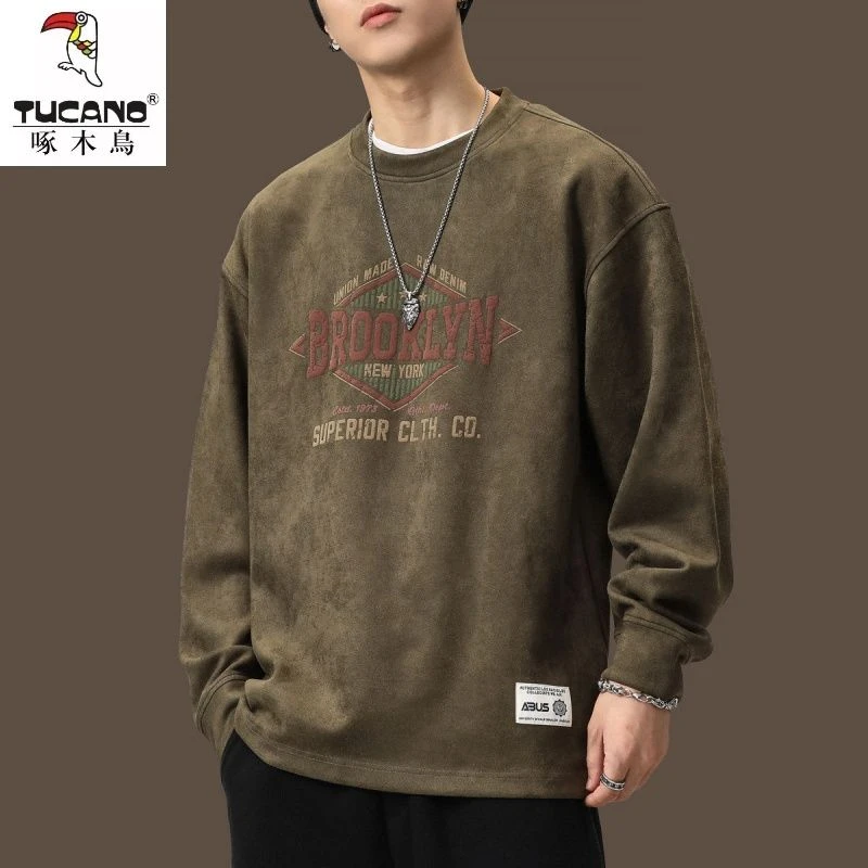 啄木鸟美式重磅复古麂皮绒卫衣男2022秋冬款加绒宽松大码圆领长袖