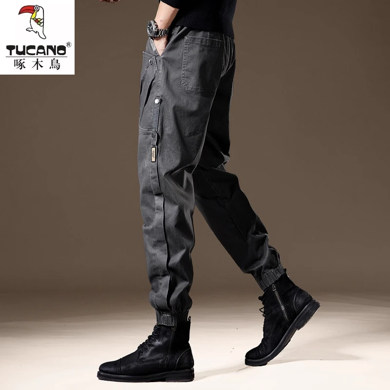 啄木鸟美式重磅设计感工装裤子男2025春季新款宽松休闲哈伦束脚裤