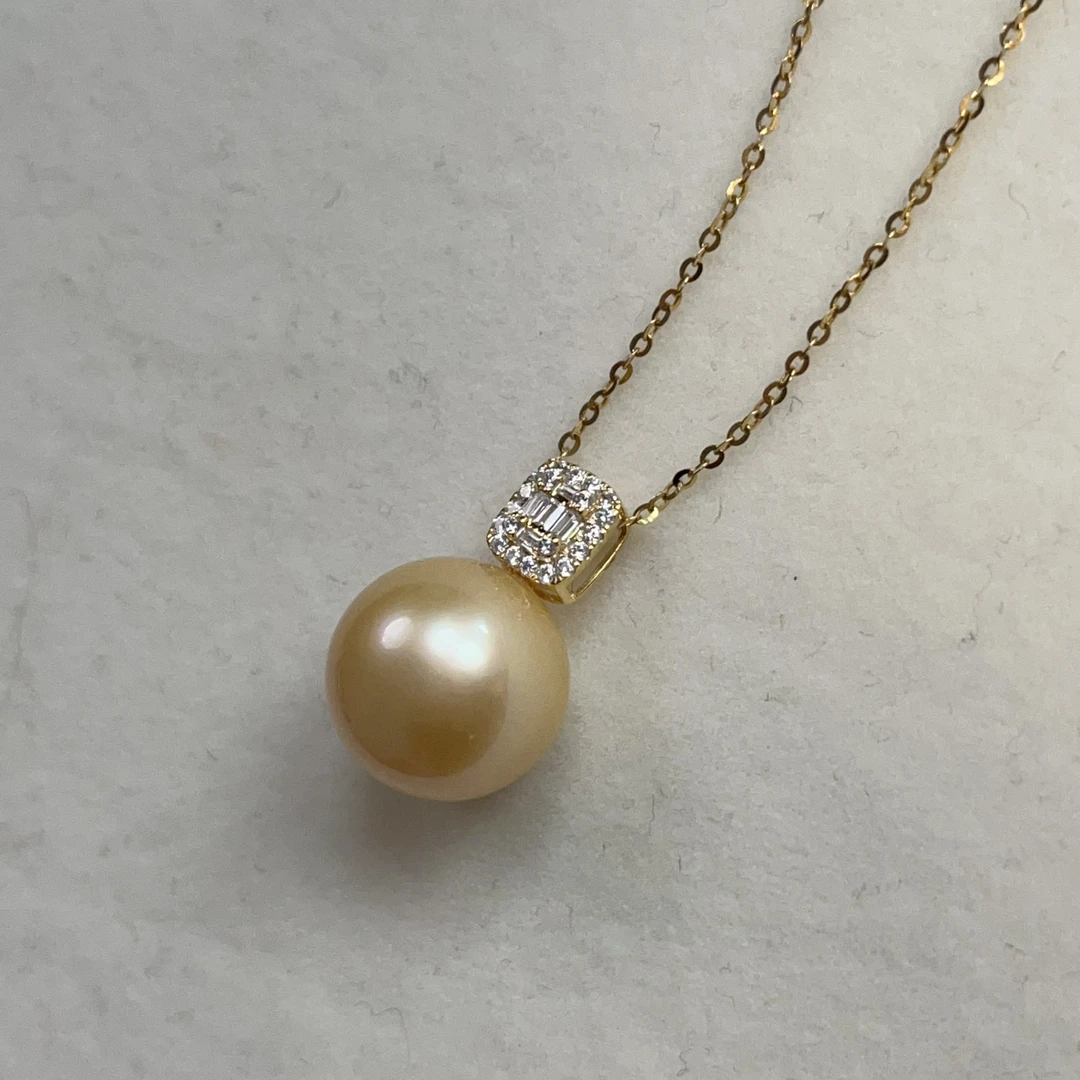 【晓艾珍珠】扣头南洋金珠吊坠13-14mm（赠银链）18K金 X166