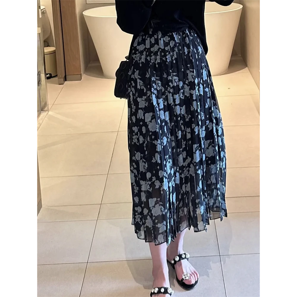 松紧腰碎花百褶显瘦半身裙女2025春夏新款气质中长款A字裙休闲潮