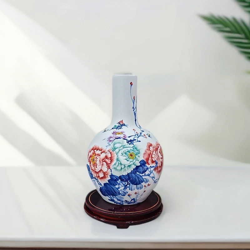 景德镇陶瓷牡丹天球瓶花瓶摆件插花博古架