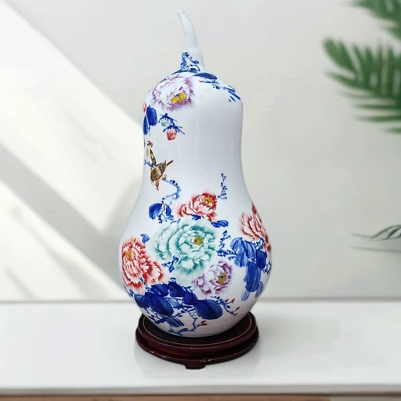 景德镇陶瓷花鸟款葫芦瓶花瓶摆件工艺品