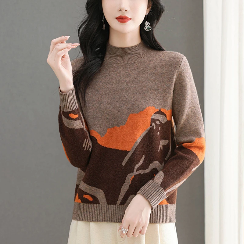 撞色复古打底衫秋冬休闲提花针织衫百搭宽松妈妈装洋气减龄上衣女