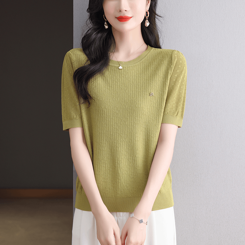 聚绒 纯色提花拼接针织衫女夏季气质薄款宽松短袖T恤显瘦百搭上衣洋气