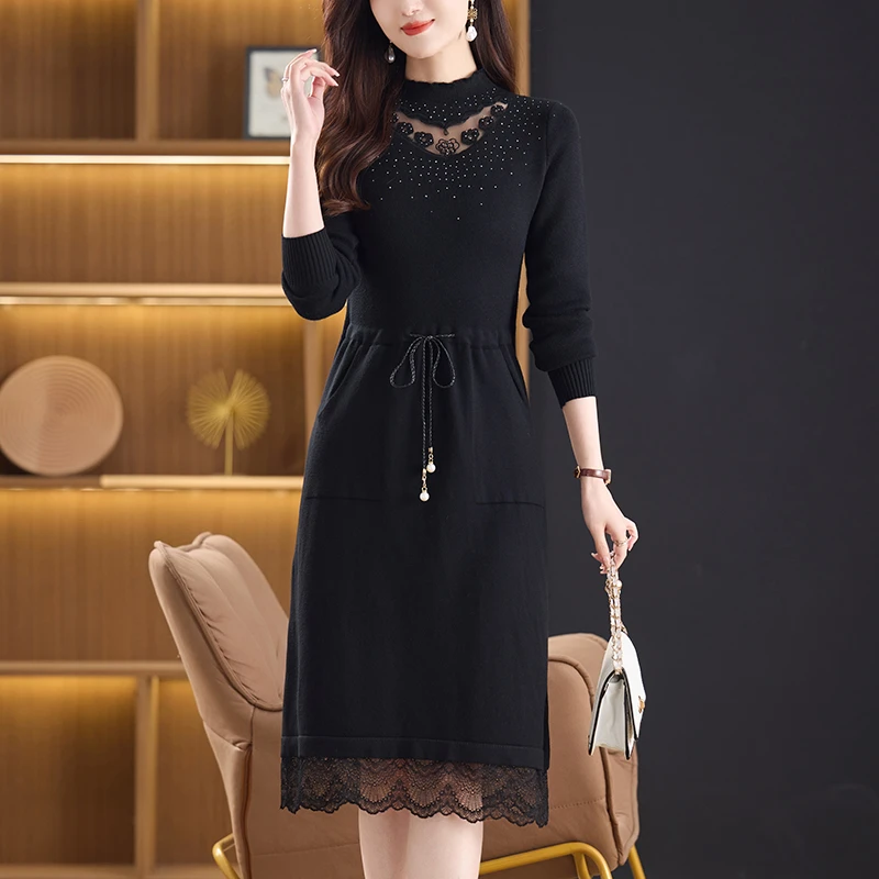 搭配大衣的针织连衣裙气质收腰长款毛衣裙冬季新款一体绒加厚裙子