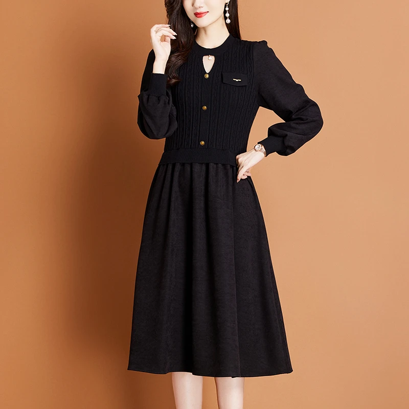 设计感拼接连衣裙圆领时尚过膝A子裙2024新款秋冬气质针织打底裙