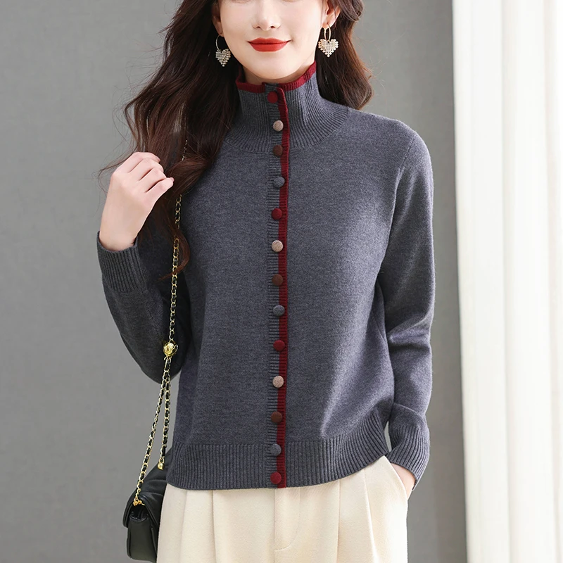 别致拼色高领毛衣百搭秋冬装洋气休闲打底衫时髦宽松针织上衣新款