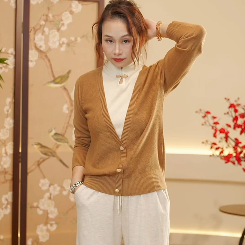 绵羊毛衫春秋季新款中年妈妈针织打底衫洋气新中式复古假两件上衣
