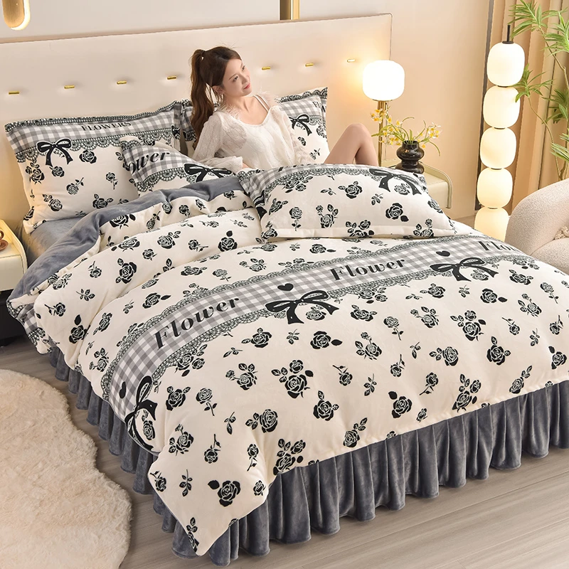 新款加厚牛奶绒四件套床裙款加绒被套法莱绒床单防静电床上用品