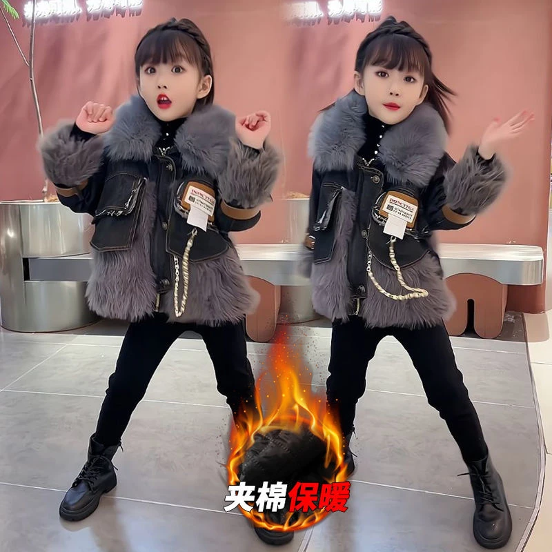 女童秋冬装外套2024新款宝宝冬季洋气加绒皮衣儿童上衣小女孩皮草