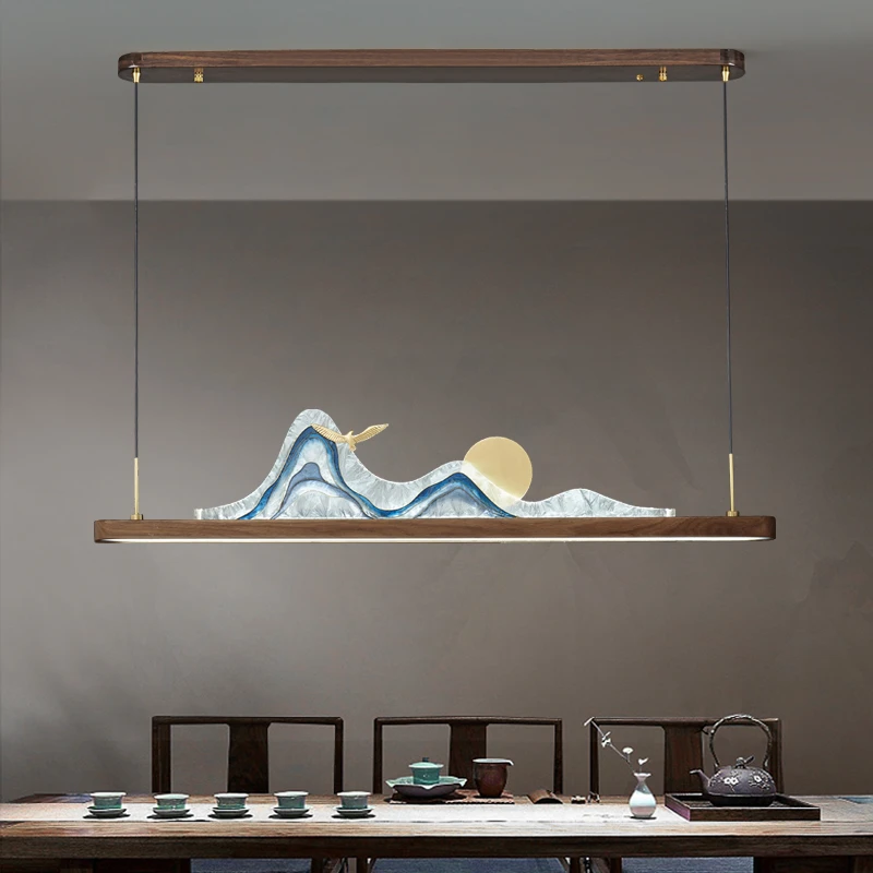 新中式吊灯胡桃实木长方形餐桌餐厅灯办公室书房灯禅意茶室长条灯