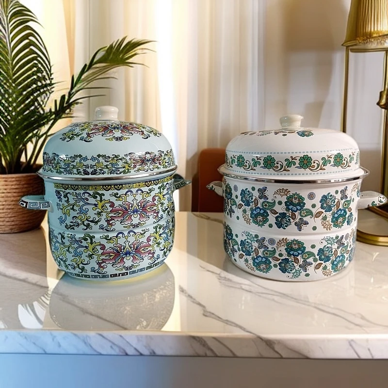 【迪拉生活用品店推荐】加厚搪瓷花纹蒸锅带盖蒸锅双层家用珐琅汤锅