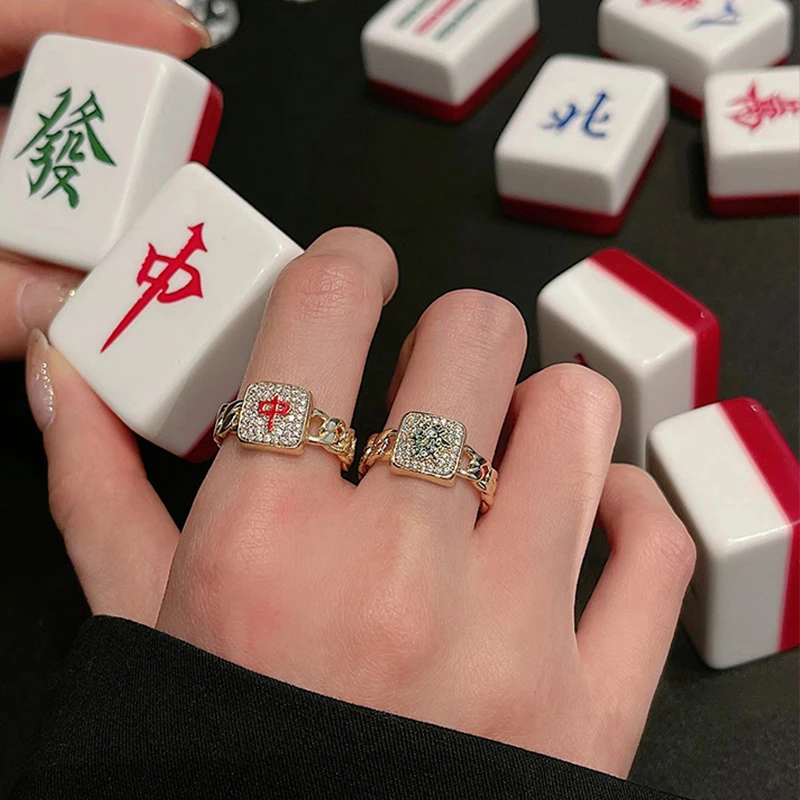 铜合金合成锆石戒指 麻将戒指创意幸运指环红中发财搓麻个性饰品