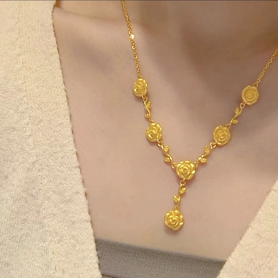 铜合金项链 气质甜美项链时尚小众设计百搭复古玫瑰花枝套链女