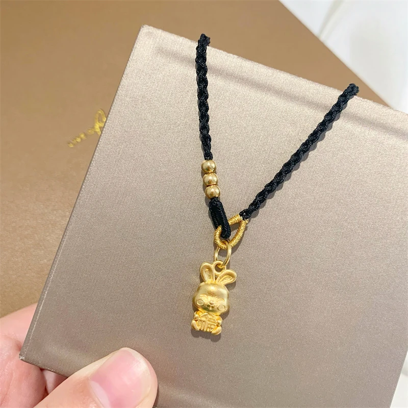 铜合金项链 小兔子首饰品本命年福字吊坠手工编黑绳项链女